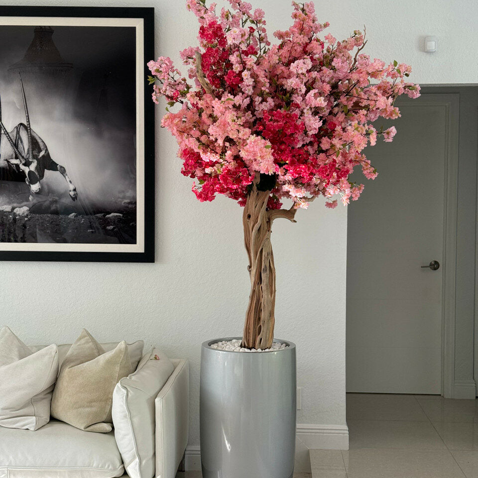 Lissabon-Vase in glänzendem Silber mit personalisierten dreifarbigen rosa Blütenzweige